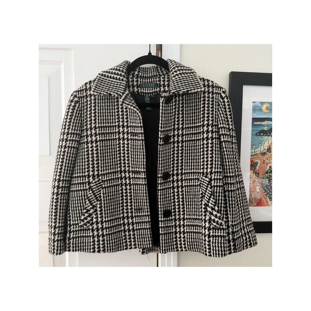 Lauren Ralph Lauren Houndstooth Blended Wool Cropped Pea Coat Black / White Sz 4